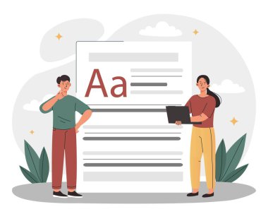 Yazar ve yazar. Erkek ve kadın, web siteleri ve sosyal ağlar için ilginç içerikler oluşturuyor. Yaratıcı bireyler, serbest çalışanlar ve metin yazarları. Yaratıcılık ve sanat. Çizgi film düz vektör çizimi