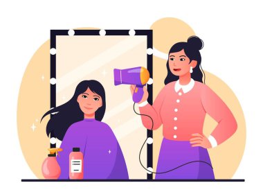 Güzellik salonu konsepti. Genç bir kız kuaföre ve berbere geldi. Modaya uygun saç kesimi, estetik, zarafet ve güzellik. Web sitesi için reklam afişi ya da afişi. Çizgi film düz vektör çizimi