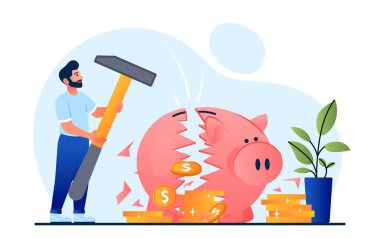 Para kutusu konseptini bozmak. Çekiçli adam kumbarayı kırıyor. Finansal okuryazarlık, bütçe ve tasarruf. Ekonomi, ticaret ve yatırım. Altın paraları olan genç bir adam. Çizgi film düz vektör çizimi
