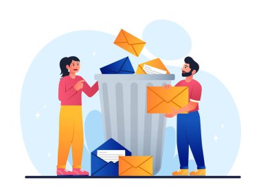 Veri konsepti siliniyor. Çöp kutusunun yanında zarfları olan bir adam ve kız. Kullanıcılar telefon, cihaz ve aletlerin hafızalarını temizliyor. Modern teknolojiler ve dijital dünya, optimizasyon. Çizgi film düz vektör çizimi