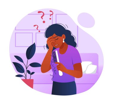 Saç dökülmesi konsepti. Taraklı üzgün bir genç kız. Sağlık sorunları, tıbbi afiş ya da web sitesi afişi. Alopecia, hormon problemleri. Kellikten tedavi, kılsız. Çizgi film düz vektör çizimi