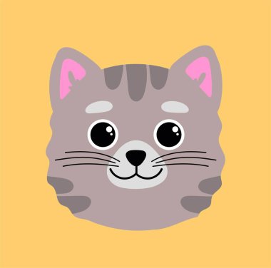 Gri cins kedi. Sevimli evcil hayvan kafası. Veterinerlik kliniği için logoti. Web sitesi için reklam afişi ya da afişi. Çocuk oyuncağı ya da maskotu. Sevimli ve büyüleyici bir hayvan. Çizgi film düz vektör çizimi