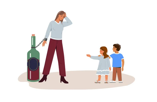 アルコール乱用と中毒の概念 若いアルコール依存症の女性はワインのボトルで鎖で縛られていた 子供たちは酔っ払った母親に手を貸す アルコール依存症と悪い習慣 漫画フラットベクターイラスト — ストックベクタ