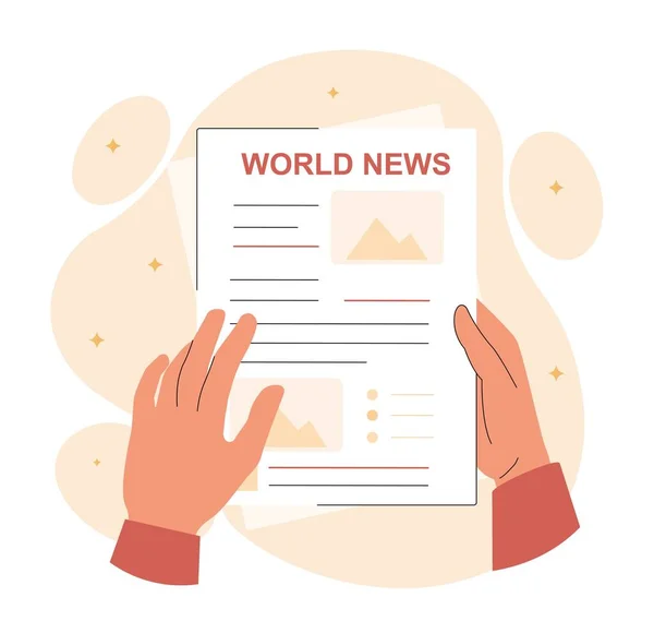 Concepto Noticias Mundiales Carácter Sosteniendo Periódico Sus Manos Información Conocimiento — Vector de stock