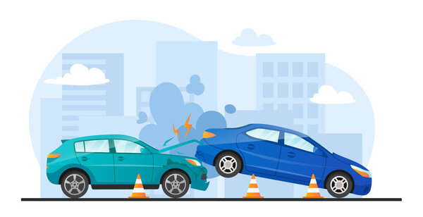 Car crash on road. Accident and tragedy. Broken and smoking vehicles. Violation of rules of conduct on road. Poster or banner for website. Keep safe distance. Cartoon flat vector illustration