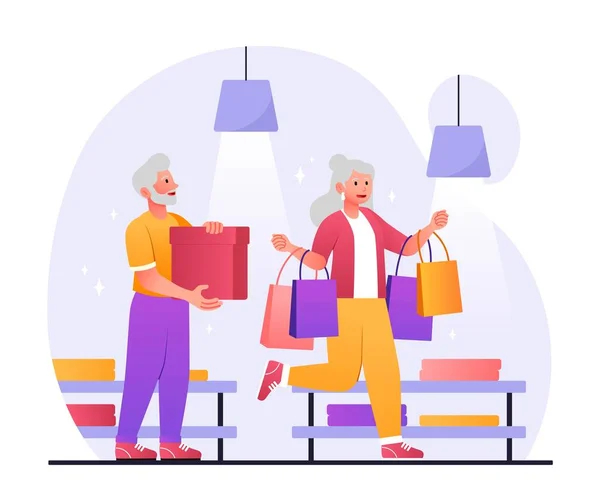 Trendiges Konzept Für Ältere Menschen Oma Und Opa Mit Einkaufstaschen — Stockvektor