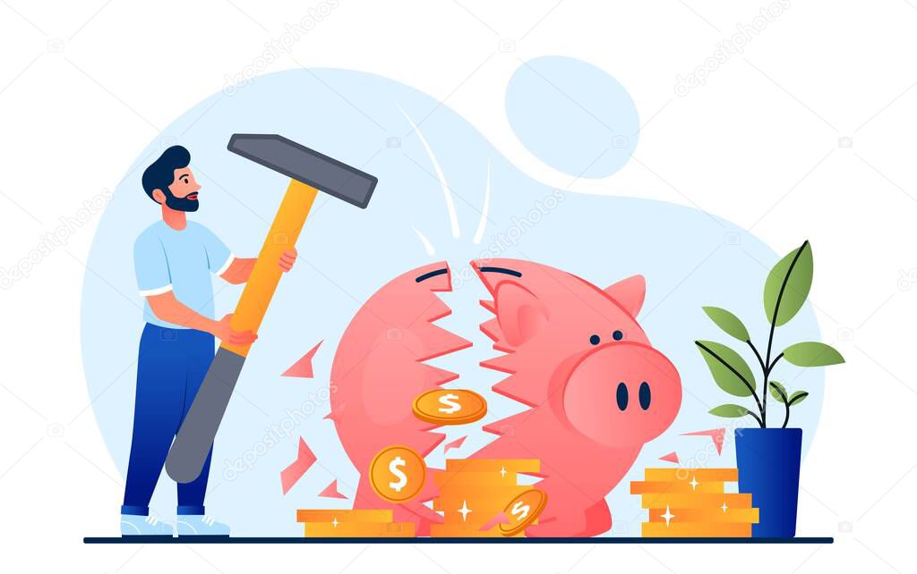 Breaking moneybox concept. Man with hammer breaks piggy bank. Financial literacy, budgeting and savings. Economy, trading and investment. Young guy with gold coins. Cartoon flat vector illustration