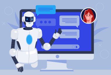 İnternette sohbet robotu. Robot asistan kullanıcıların sorunları çözmelerine yardımcı oluyor. Yapay zeka, müşteri sorularını ve sohbetlerini uygulama ya da kuryeyle cevaplıyor. Dijital teknolojiler. Çizgi film düz vektör çizimi