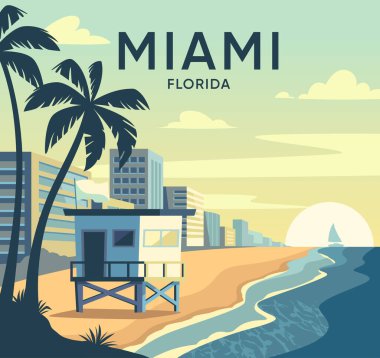 Miami Florida Caddesi. Miami plajı, Amerikan mimarisi, okyanus ve palmiye ağaçlarının silueti olan Retro posteri. Modern binalar ve kıyı şeridi. Turizm ve seyahat. Çizgi film düz vektör çizimi