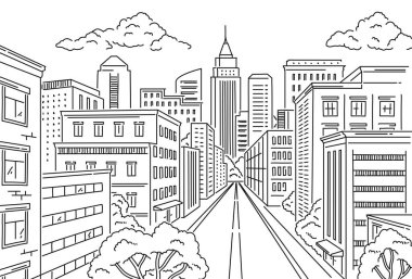 City Street 'in çizimi. Gökdelenleri, boş yolları, kaldırımları ve binaları olan şehir manzarası. Modern şehir mimarisi ile manzara. Boyama kitabı için tasarım ögesi. Basit doğrusal vektör çizimi