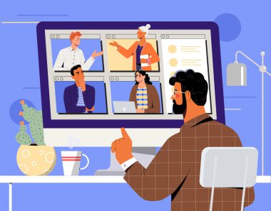Çevrimiçi video konferans konsepti. Erkek girişimci bilgisayar ekranında meslektaşları veya çalışanları ile iletişim kurar. Ortaklarla uzak iş görüşmesi ya da video görüşmesi. Çizgi film düz vektör çizimi