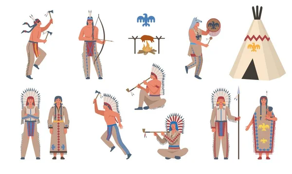 Набор Символов Коренных Американцев Индийские Мужчины Женщины Традиционных Костюмах Шаманы — стоковый вектор