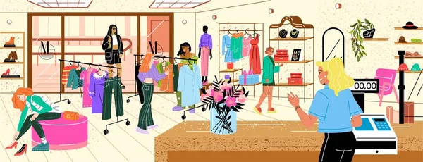 Shopping Sur Marché Masse Les Filles Choisissent Achètent Des Vêtements — Image vectorielle