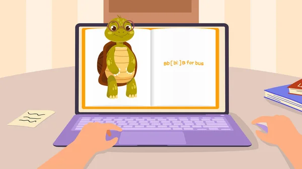 Ngilizce Alfabe Kavramını Öğreniyorum Laptop Ekranındaki Akıllı Profesör Kaplumbağa Anaokuluna — Stok Vektör