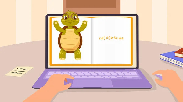 Английскому Понятию Habet Черепаха Учитель Экране Ноутбука Объясняет Урок Дошкольника — стоковый вектор