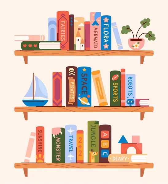 Bookshelves Books Children Educational Library Literature Preschoolers Kids Reading Studying — Stock Vector