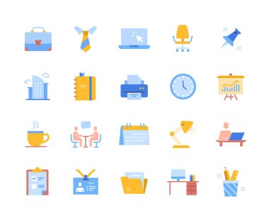 Renkli ofis simgeleri seti. Kravatlı çıkartmalar, çalışma izni, bir fincan kahve, iş sunumu ve ortaklarla pazarlıklar. Çizgi film düz vektör koleksiyonu beyaz arkaplanda izole edildi