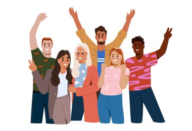 Gülümseyen mutlu insanların portresi. Çeşitli jestler yapan bir grup gülen ve poz veren kadın ve erkek. Çok ırklı arkadaşlar sevinir ve olumlu duygularını ifade ederler. Çizgi film düz vektör çizimi