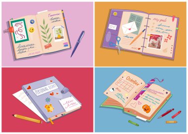 Defterler, defterler ve planlamacılar. Yapıştırmalı günlük veya organizatörler, yapılacaklar listesi, hedefler ve hatırlatıcılar. Verimlilik ve verimlilik. Çizgi film düz vektör illüstrasyon koleksiyonu