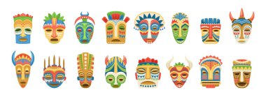 Bir takım ayinsel kabile maskeleri. Aztek ya da Afrika kültürünün hayvan ağızlığı şeklinde seremoni aksesuarları ya da süslemeli alışılmadık yüzler. Çizgi film düz vektör koleksiyonu beyaz arkaplanda izole edildi