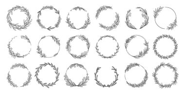 Organik zarif yuvarlak çerçeveler. Çiçek açan bitki ve yaprakların dallarıyla minimalist ya da botanik sınır. Düğün davetiyeleri için tasarım malzemeleri. Çizgi film doğrusal vektör koleksiyonu
