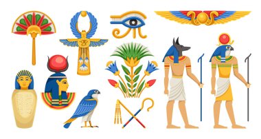 Mısır sembolleri dizildi. Mısır çölünün ve dini unsurların simgeleri. Anubis, güneş tanrısı Ra, firavun, Tanrı 'nın Gözü ve kuş. Çıkartma tasarımı. Çizgi film düz vektör koleksiyonu beyaz arkaplanda izole edildi