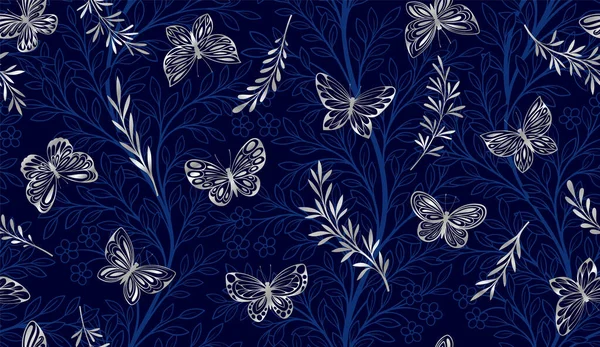 Krásný Květinový Vzor Opakující Stříbrná Ozdoba Motýly Listy Větvemi Rostlin — Stockový vektor