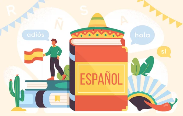 Aprendizagem Online Língua Espanhola Cartaz Com Dicionário Espanhol Sombrero Estudante — Vetor de Stock