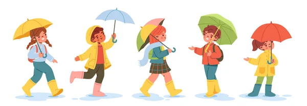 Набор Улыбающихся Детей Идущих Зонтиком Счастливые Мальчики Девочки Ходят Школу — стоковый вектор