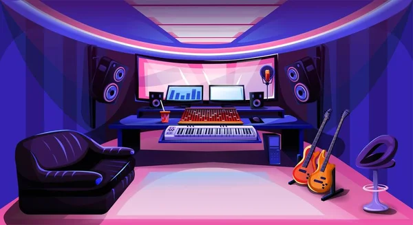 ミュージックスタジオルーム シンセサイザー 電気および音響ギター オーディオミキサー マイクおよび快適な家具が付いている録音のワークスペースの内部 プロフェッショナル機器 漫画フラットベクターイラスト — ストックベクタ