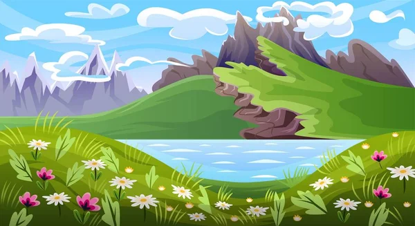 Mountain valley with lake. Beautiful landscape with rocks, cliffs, green meadow with blooming wild flowers and lake or river. Nature or environment. Organic panorama. Cartoon flat vector illustration