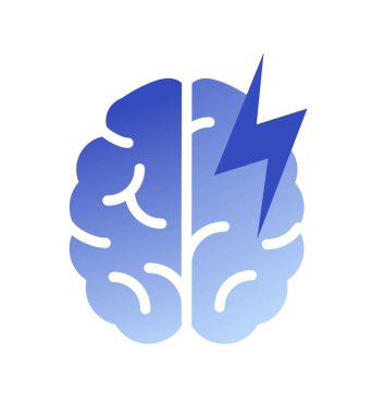 İşle ilgili bir ikon. Beyin ve şimşekli gradyan çıkartması. Beyin fırtınası için metafor ve başlangıç için yaratıcı fikir. Çizgi film düz vektör çizimi beyaz arkaplanda izole edildi