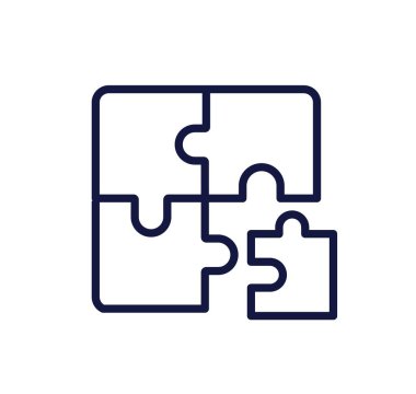 Basit bir iş ikonu. Başarı için takım çalışması. Yapboz parçaları ya da yapboz parçaları ortaklık, işbirliği ve işbirliği metaforu olarak kullanılır. Çizgi film doğrusal vektör çizimi beyaz arkaplanda izole edildi