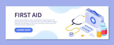 İlk yardım pankartı. Stetoskop ve ilaçlı haplar setin yanında. İniş sayfası tasarımı. Sağlık, hasta bakımı ve teletıp, online danışmanlık. Karikatür izometrik vektör çizimi