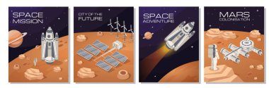 Mars posterleri asıldı. Web sitesi için grafik elementlerin toplanması. Astroloji ve astronomi, bilim ve seyahat. Roket ve uzay gemisi. Beyaz arkaplanda izole edilmiş çizgi film düz vektör çizimleri