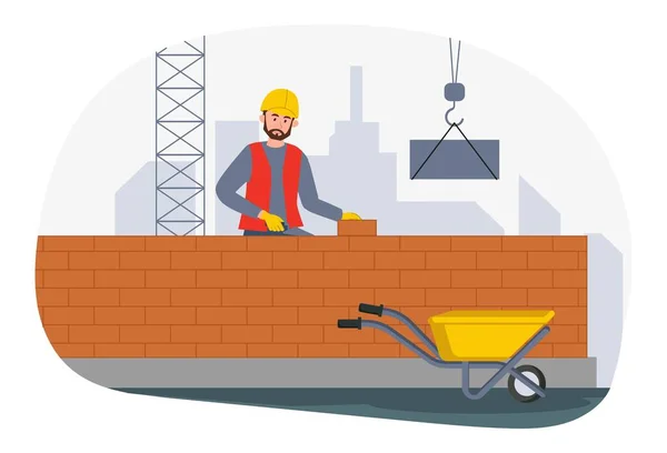 レンガを使ったビルダー 建設ヘルメットの男が家を建てています 職場の労働者はレンガをチェックする アーバン建築 建設と改修のコンセプト 漫画フラットベクターイラスト — ストックベクタ