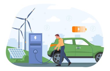 Elektrikli araba şarjı. Modern aracı olan bir adam yel değirmenlerinin arka planına karşı. Alternatif enerji kaynağı ve tehlikeli atık emisyonlarının atmosfere indirgenmesi. Çizgi film düz vektör çizimi