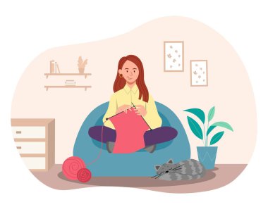 Kadın örgü süveter. İğneleri ve topları olan genç bir kız koltuğa oturur ve dikiş işi yapar. İşe yarar bir hobi ve işten sonra dinlenme. Karakter kalın elbiseler örer. Çizgi film düz vektör çizimi