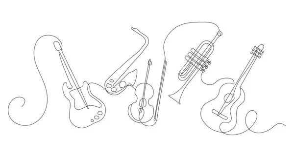 Hudební Nástroje Liniové Umění Kolekce Minimalistických Kreseb Kytary Trumpety Houslí — Stockový vektor