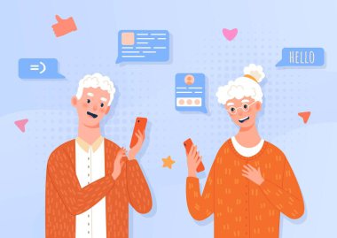Yaşlı çift sohbet ediyor. Elinde akıllı telefonlar olan dedem ve büyükannem sosyal ağlar ve anında habercilerle iletişim kuruyor. Telefonları olan yaşlı bir aile. Çizgi film düz vektör çizimi