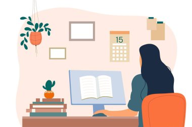 Çevrimiçi çalışma konsepti. Kadın bilgisayar ekranının önünde açık bir kitapla oturuyor. Eğitim ve eğitim, bilgi ve bilgi internette. Çevrimiçi webinar. Çizgi film düz vektör çizimi