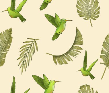 Kuşlar kusursuz babalar. Kumaş üzerine baskı yapmak için tasarım ögesi tekrarlanıyor. Kanatlı yeşil hayvanlar ve tropikal ve egzotik yapraklı tüyler. Flora ve Fauna. Çizgi film düz vektör çizimi