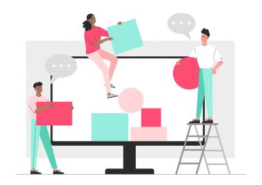 Grup çalışması konsepti. Erkekler ve kadınlar bilgisayar monitörünün yanında. Takım çalışması ve ortaklığı, serbest çalışanlar ve tasarımcılar programlar ve uygulamalar için arayüz geliştirirler. Çizgi film düz vektör çizimi