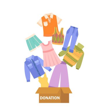 Kıyafet bağışı konsepti. Şort, tişört, kot pantolon ve elbise. Sadaka, cömertlik ve nezaket. Toplum desteği, yardım. Çizgi film düz vektör çizimi beyaz arkaplanda izole edildi