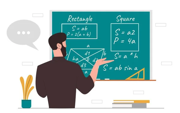 数式を持った男 数学の先生は ブラックボードの大学で授業や講義を教えています トレーニング 長方形と正方形のスペース 漫画フラットベクターイラスト — ストックベクタ