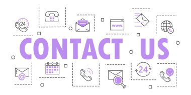 Hat pankartı ile bağlantı kurun. Web sitesi için simge koleksiyonu. Destek servisi ve yardım hattı, müşteriler için çağrı merkezi. Geri bildirim ve SSS. Beyaz arkaplanda izole edilmiş çizgi film düz vektör çizimleri