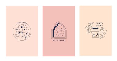 Boho logoti seti. Web sitesi için minimalist poster ya da afiş koleksiyonu. Estetik ve zarafet. Mistisizm ve ezoterizm. Beyaz arkaplanda izole edilmiş çizgi film düz vektör çizimleri