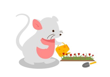 Şirin fare sulama çiçekleri. Çiçeklerin yanında kürek ve sulama kutusu olan sevimli kemirgenler. Bahar ve yaz mevsimleri. Güzellik, estetik ve zarafet. Çizgi film düz vektör çizimi