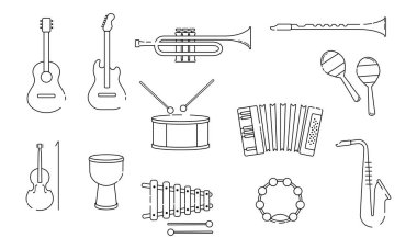 Müzik aletleri ayarlandı. Web sitesi için grafik elementlerin toplanması. Gitar, çello, davul ve saksafon. Trompet ve tef. Beyaz arkaplanda izole edilmiş çizgi film düz vektör çizimleri