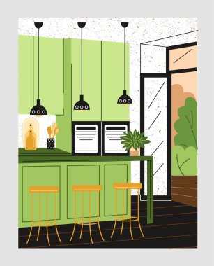 Şık bir iç mekan. Bar taburesi, lamba ve ahşap dolaplı modern İskandinav tarzı mutfak. Dairede rahat ve rahat bir oda. Çizgi film düz vektör çizimi gri arkaplanda izole edildi